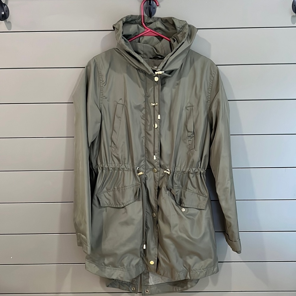 Merona Green and Gold Hooded Rain Jacket. M.